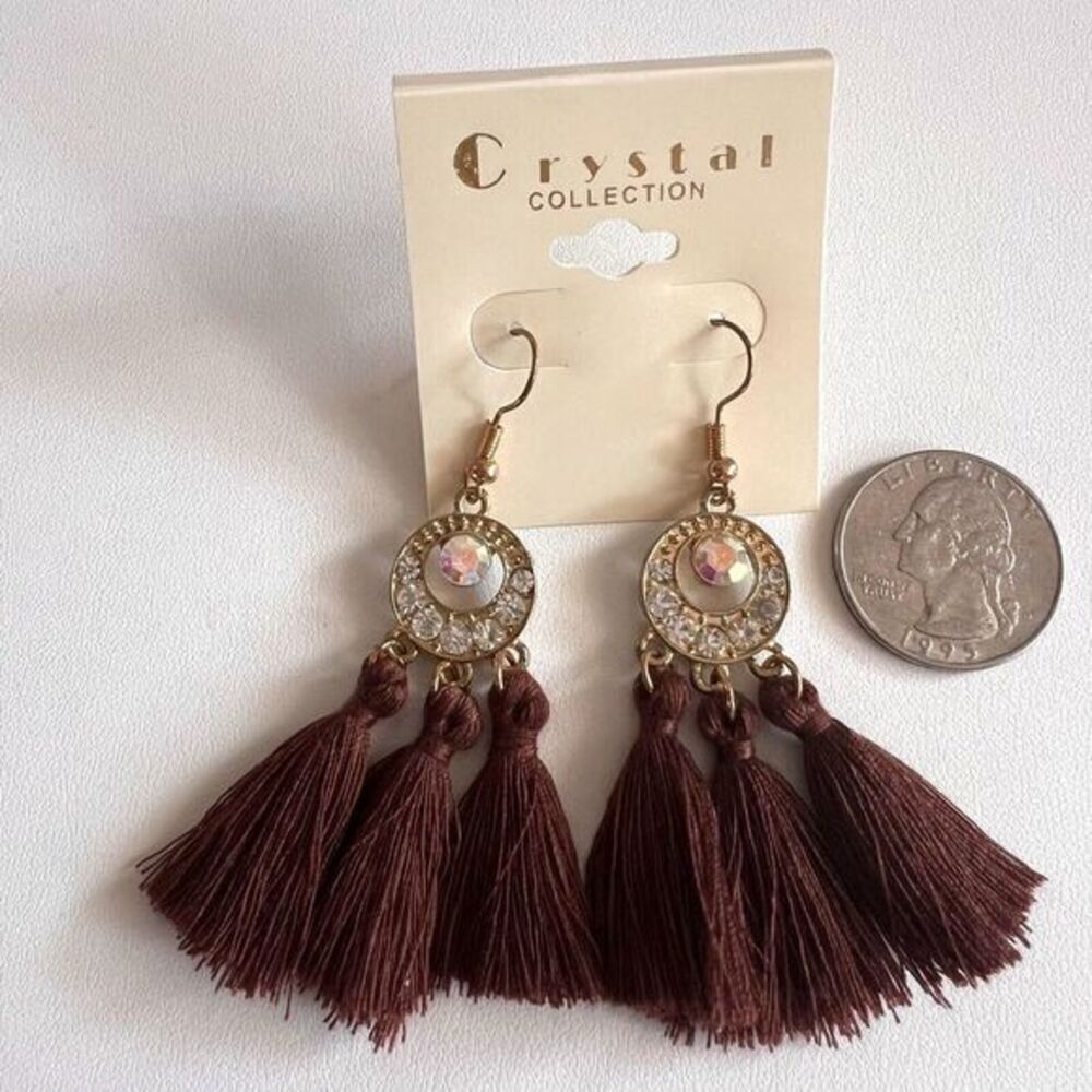 CRYSTAL COLLECTION Brown Tassel Earrings Bohemian Boho Drop Crystal Earrings - Picture 8 of 9